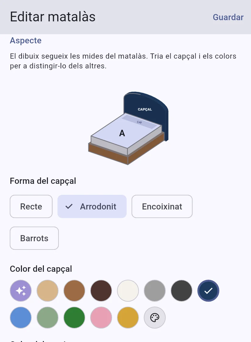 Formulari del matalàs: forma del capçal i colors del capçal i del somier
