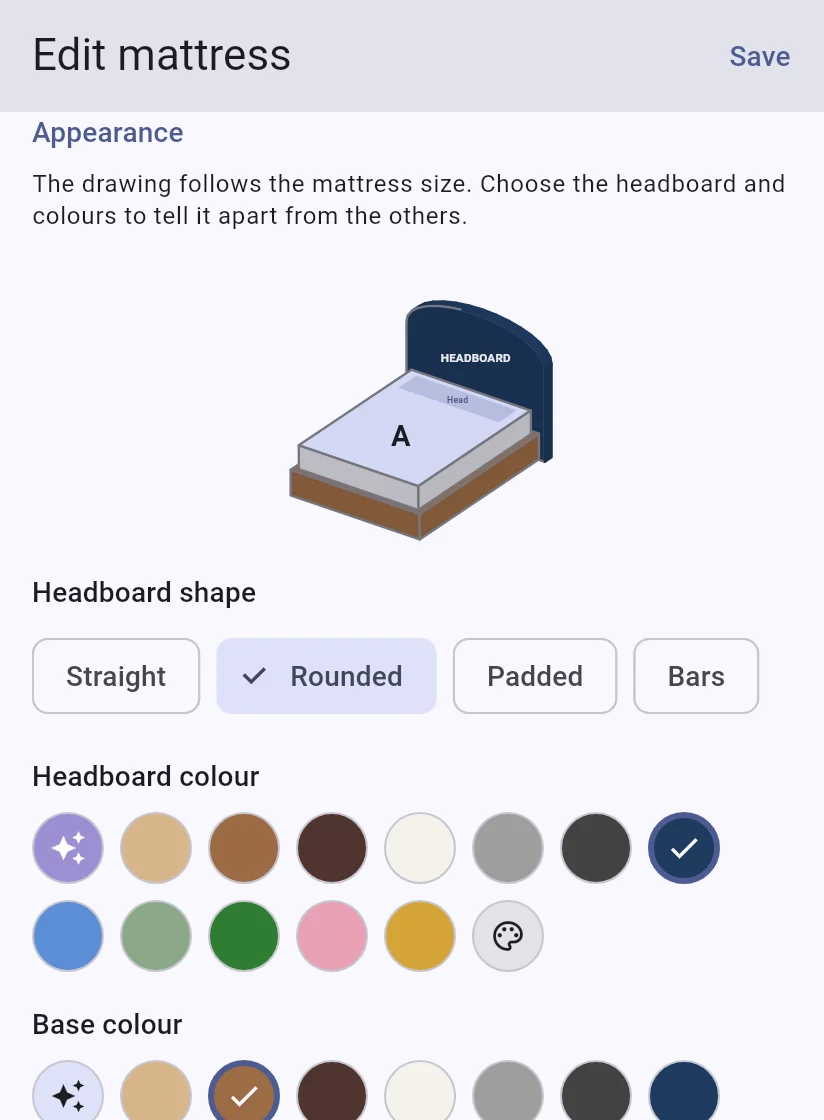 Mattress form: headboard shape and headboard and base colours