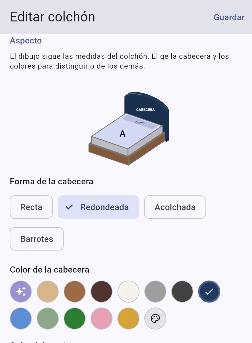 Formulario del colchón: forma de la cabecera y colores de la cabecera y del somier