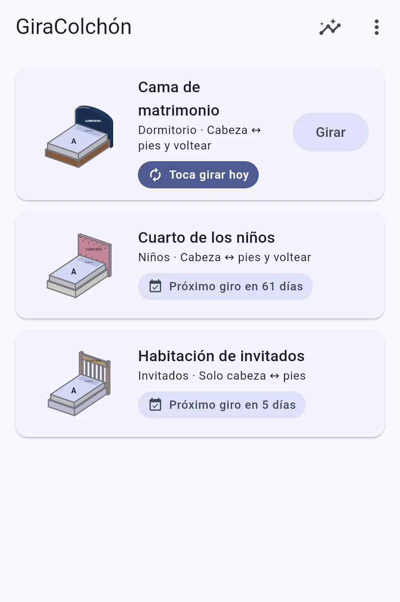 Pantalla de inicio de GiraColchón con tres colchones de distinto aspecto; a la cama de matrimonio le toca girar hoy